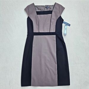 Voir Voir Taupe and Black Cap Sleeve Sheath Dress